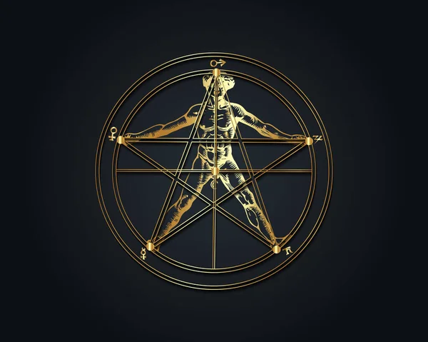 Arany Pentagram Emberi Test Agrippa Nap Hold Szimbólumai Állnak Középpontban — Stock Vector