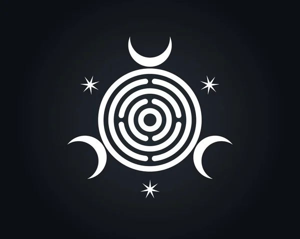神圣的几何学 三女神的巫术精神希腊罗马 女巫Wicca Sigil 神秘迷宫 三重月牙 白色标志设计矢量隔离在黑色背景 — 图库矢量图片