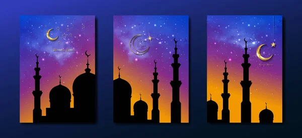 Ramadan Kareem 2023向量集贺卡 五彩缤纷的星空映衬下的半月形 带有文字 伊斯兰符号的假日海报 概念穆斯林宗教横幅 派对邀请函 — 图库矢量图片
