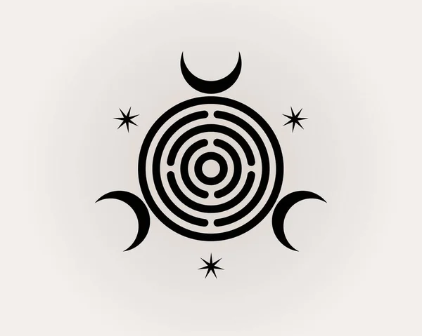 神聖な幾何学 魔女の精神的なギリシャローマのトリプル女神 魔女ウィッカシジル 神秘的な迷路 トリプル三日月 白の背景に隔離された黒のロゴデザインベクトル — ストックベクタ