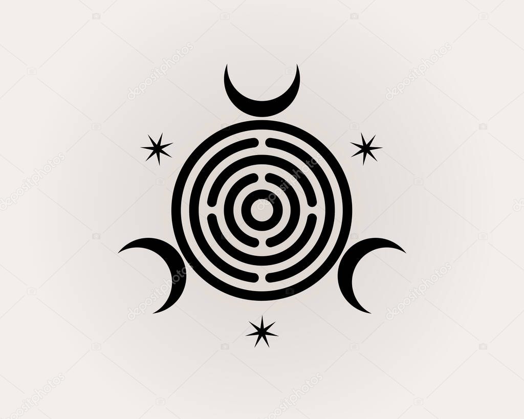 Sacred Geometry, triple Goddess of Witchcraft Spiritual Greco Roman. Witch Wicca Sigil, Mystical labyrinth, triple crescent moon, black logo design vector isolated on white background
