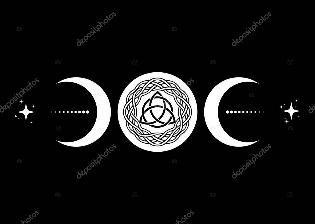 Triple Moon Religious wiccan sign. Wicca Triquetra logo Neopaganism symbol, celtic knot Triple Goddess icon tattoo, Goddess of the Moon, Crescent, half, full moon vector isolated on black background