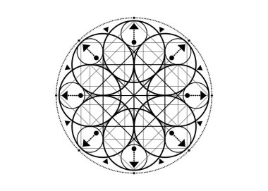Kutsal Geometri sembolü. Simya ezoterik hayat çiçeğinin logo simgesi Geometrik mistik mandala. Şansın mistik okları, siyah vektör dövmesi ilahi meditasyon tılsımı beyaz arka planda izole edilmiş.