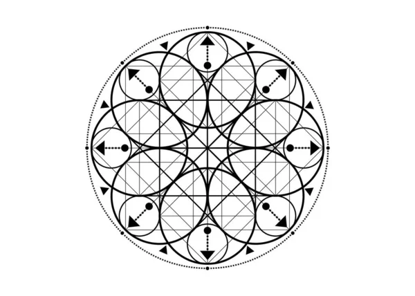 神聖な幾何学記号 ロゴアイコン錬金術の幾何学的神秘的な曼荼羅生命の花 運勢の神秘的な矢印 黒ベクトルタトゥー神の瞑想のお守り白の背景に隔離 — ストックベクタ