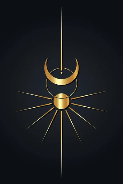 太陽と月のヴィンテージの高級リゾート ウィッカ ゴールデンのロゴ 神秘的な神聖な幾何学 魔法の異教のウィッカの女神と神のシンボル ベクトルゴールドサインイラスト孤立黒の背景 — ストックベクタ