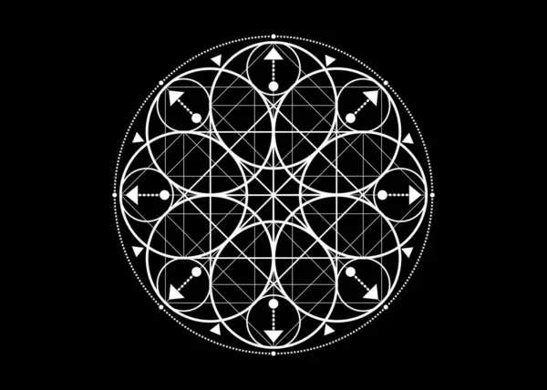 神圣的几何符号 标志图标几何神秘曼陀罗炼金术深奥的生命之花 神秘的命运之箭 白色的矢量纹身 神圣的冥想护身符 在黑色背景下被分离出来 — 图库矢量图片