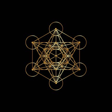 Altın Metatron Küpü, Yaşam Çiçeği. Kutsal geometri, altın grafik element vektör siyah arka planda izole. Mistik simge platonik katılar, soyut geometrik çizimler, tipik ekin çemberleri