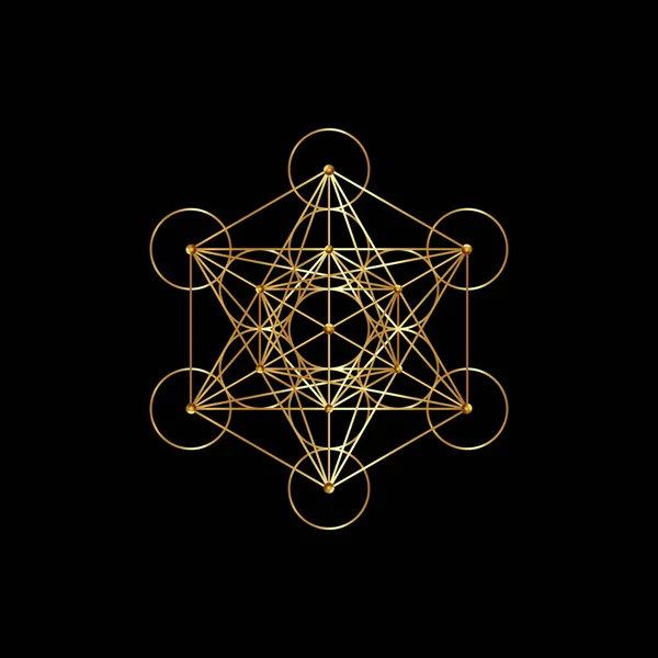 ゴールドメタトロンキューブ 生命の花 神聖な幾何学 黒の背景に隔離された黄金のグラフィック要素ベクトル 神秘的なアイコンのプラトニック固体 抽象的な幾何学的な図面 典型的なミステリーサークル — ストックベクタ
