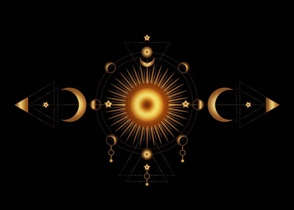 Lingkaran Fase Bulan Dan Sinar Matahari Emas Geometri Suci Tiga - Stok Vektor