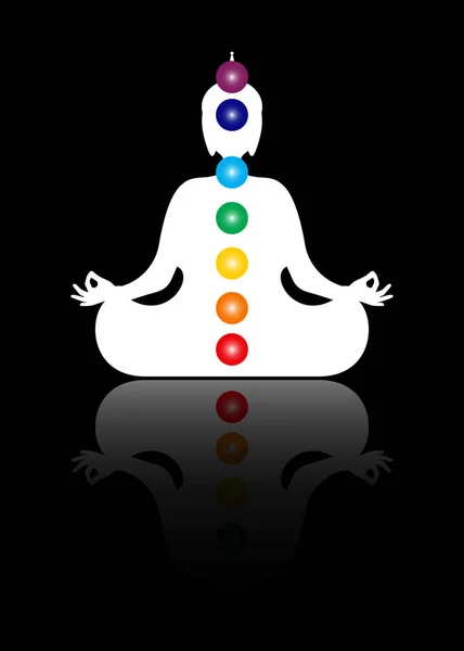 座って仏のシルエットチャクラと瞑想 蓮の位置で7つのチャクラ エネルギー体とヨギ瞑想 黒を基調としたベクトルイラスト — ストックベクタ