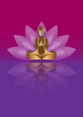 Mutlu Buda Purnima Vesak 'ı, Budist festivali, meditasyonda nilüfer çiçeğinin üzerinde oturan Altın Buda. Mor arkaplanda izole edilmiş vektör illüstrasyonu 