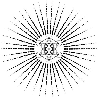 Metatron Küpü, Yaşam Çiçeği. Işık saçan güneş üzerindeki kutsal geometri, vektör elementinin izole edilmiş görüntüsü. Mistik simge platonik katılar, soyut geometrik çizimler, tipik ekin çemberleri