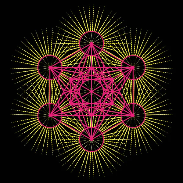 メタトロンのキューブ カラフルな生命の花 放射状の太陽の神聖な幾何学 グラフィック要素ベクトル絶縁イラスト 神秘的なアイコンのプラトニック固体 抽象的な幾何学的な図面 典型的なミステリーサークル — ストックベクタ