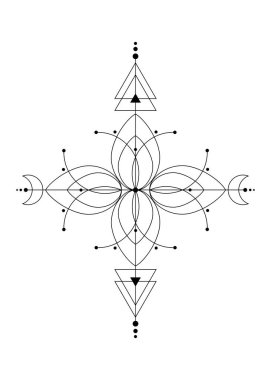 Kutsal geometri, hayat çiçeği, mistik çizim: daireler, üçgenler, ay, enerji şeması. Simya, sihir, ezoterik, okültizm sembolleri. Beyaz arkaplanda vektör siyah dövme izole edildi