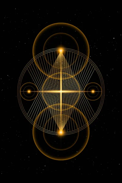 행성의 기하학 금으로 선들이 겹치고 삼각형들 만들어 집니다 에너지 조각들 — 스톡 벡터