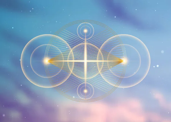 惑星の神聖な幾何学 金の線が重なり 円上の三角形 エネルギーサークルの軌道 錬金術 神秘主義のシンボル 黄金の神の十字架ベクトル隔離青の背景 — ストックベクタ