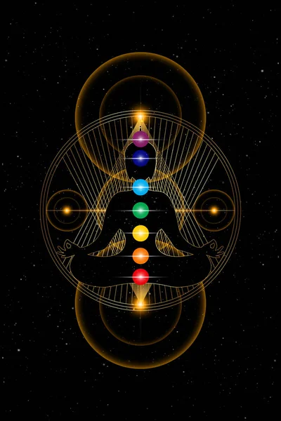 Boeddha Goud Heilige Geometrie Met Kleurrijke Chakra Zeven Chakra Energielichaam — Stockvector