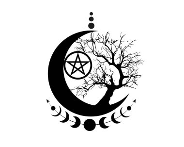 Mistik Ay evreleri, yaşam ağacı ve Wicca beşgeni. Kutsal geometri. Logo, Üçlü Ay, yarım Ay Pagan Tanrıça sembolü, enerji çemberi, beyaz arka planda izole edilmiş boho tarzı vektör.
