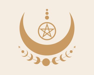 Mistik Ay Evreleri ve Vika Pentagramı. Kutsal geometri. Logo, hilal ay, yarım ay pagan pagan tanrıça sembolü, enerji çemberi, klasik arka planda izole edilmiş retro boho tarzı vektör.