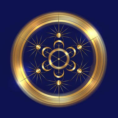 Güneş ve ay, Mandala 'nın lüks zirvesi. Cadı altın logosu. Mistik kutsal geometri, sihirli pagan cadı tanrıçası ve tanrı sembolleri. Vektör altın çizimi izole edilmiş mavi arkaplan