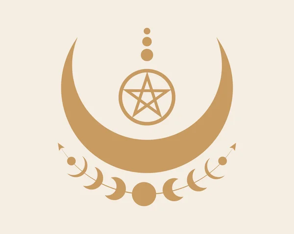 Mistiche Fasi Lunari Pentacolo Wicca Geometria Sacra Logo Luna Crescente — Vettoriale Stock