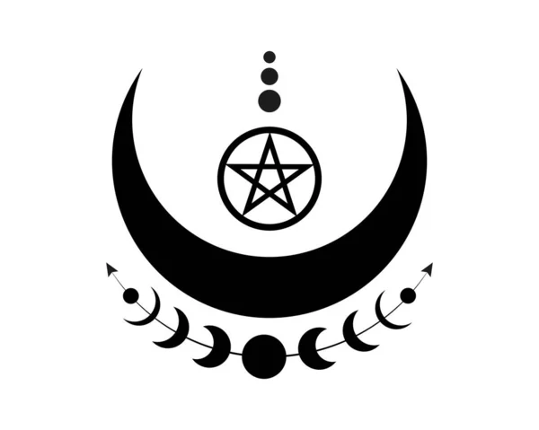 神秘的なムーンフェイズとウィッカの五角形 神聖な幾何学 三日月 半月異教のウィッカの女神のシンボル エネルギーサークル 白い背景に隔離されたBohoスタイルのベクトル — ストックベクタ