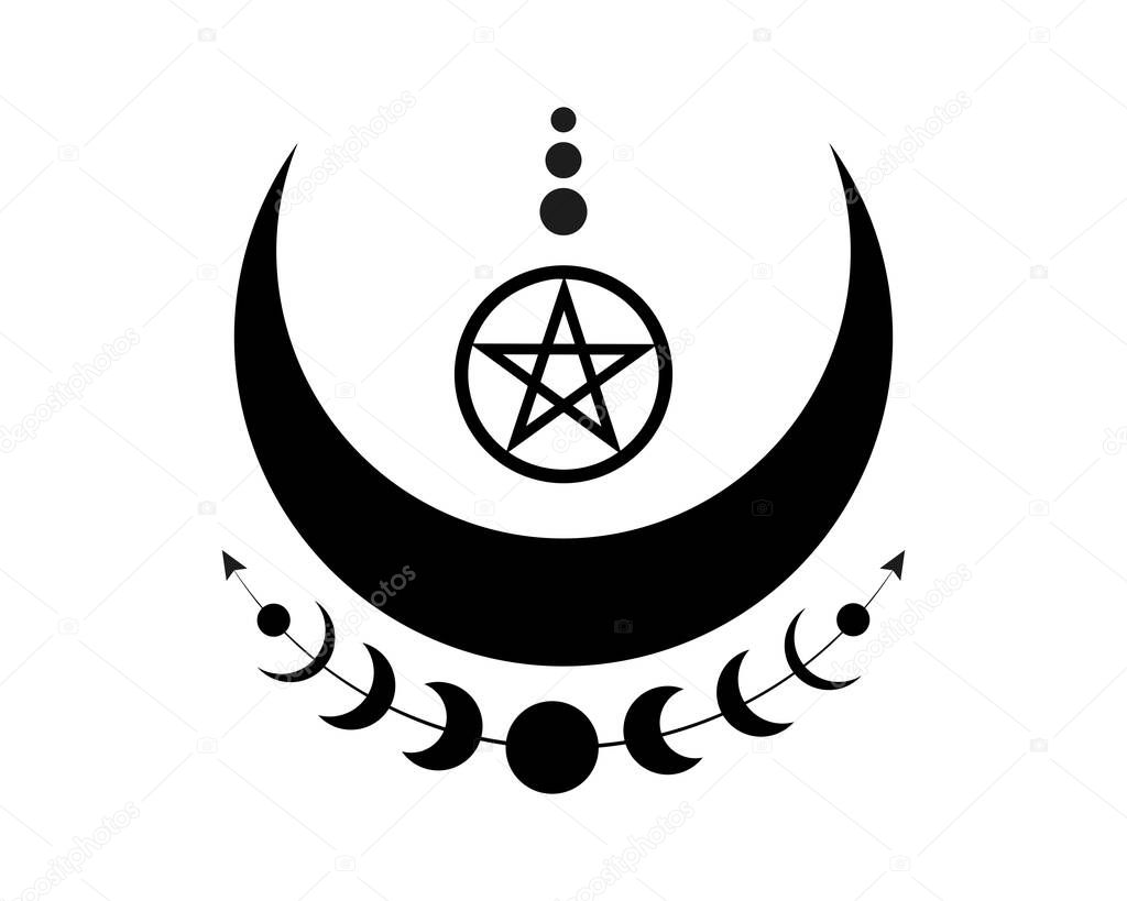 Mystical Moon Phases and Wicca pentacle. Sacred geometry. Logo, crescent moon, half moon pagan Wiccan goddess symbol, energy circle, boho style vector isolated on white background
