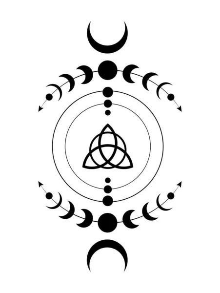 神話の月相ウィッカの枠の境界 トリケトラ神聖幾何学 ウィッカトリプル女神のシンボル エネルギーサークル 白の背景に隔離された黒のタトゥーBohoスタイルのベクトル — ストックベクタ
