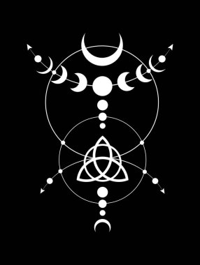 Mystical Moon Wicca çerçeve sınırını aşıyor. Triquetra Kutsal Geometri. Logo, Wiccan üçlü tanrıça sembolü, enerji çemberi, beyaz dövme boho tarzı vektör siyah arkaplanda izole.