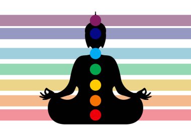 Oturan Buda silueti çakralarla meditasyonda. Yedi renkli çakra, enerji bedeni ve nilüfer pozisyonunda meditasyon yapan Yogi. Vektör illüstrasyonu beyaz arkaplanda izole edildi