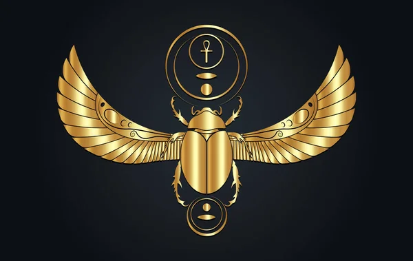 Gold Egyptian Sacred Scarab Wall Art Design Beetle Wings Vector — Stock Vector