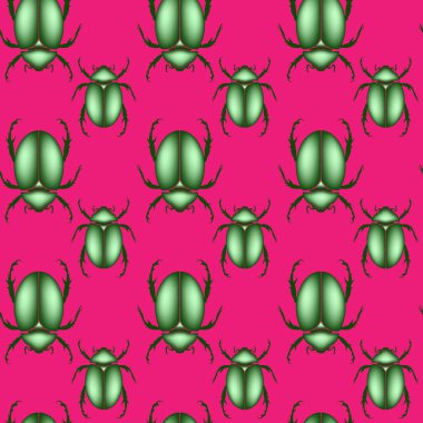 Böcek böceklerinin kusursuz deseni, parlak yeşil renkli vektör böceği pembe renkli arka planda izole edilmiş.