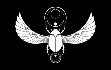 Mısırlı kutsal Scarab duvar sanat tasarımı. Kanatlı böcek. Vektör çizimi beyaz logo, tanrı Khepri 'yi simgeliyor. Antik Mısırlıların sembolü. Siyah arkaplanda renkli izole olmak 