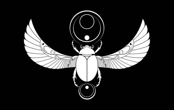 Египетский Священный Дизайн Стен Скарабей Жук Крыльями Векторная Иллюстрация Белого — стоковый вектор