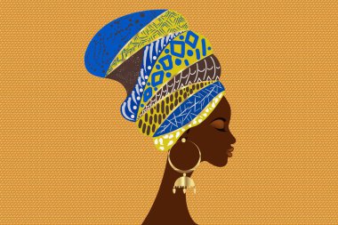 Geleneksel türban motifli güzel Afrikalı kadın portresi, Kente baş örtüsü, Afrika geleneksel siyah kadın vektör silueti altın küpelerle izole edilmiş, moda saç stili güzellik konsepti