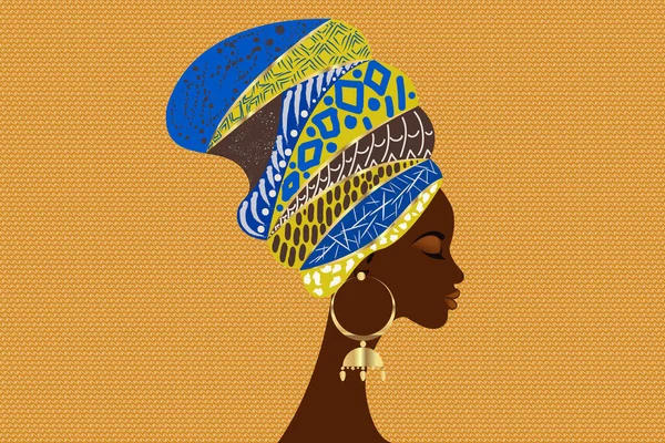 Portrait Beautiful African Woman Traditional Turban Tribal Motifs Kente Head — Stock Vector