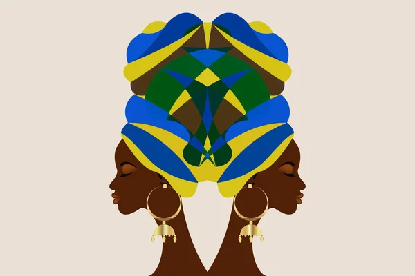 美しいアフリカの女性の肖像画 シェンボレンアンカラヘッドラップ女性アフリカの伝統的なヘッドタイスカーフターバン ケントヘッドはアフリカの部族のバティック生地のデザインを包みます ベクトル女性多様性の概念背景 — ストックベクタ