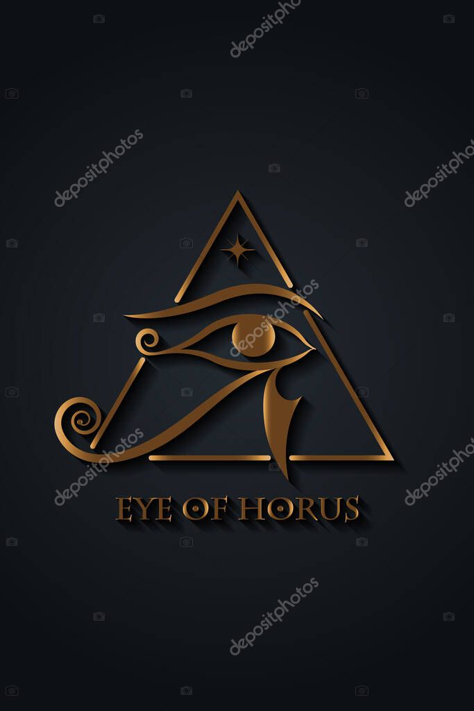 Eye Of Horus gold Logo design. The ancient Egyptian Moon sign. Mighty Pharaohs amulet, golden luxury vector isolated on black background