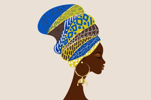 Портрет Красивая Африканская Женщина Традиционных Тюрбан Племенных Мотивов Кенте Головы — стоковый вектор
