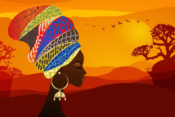 Porträtt Vacker Afrikansk Kvinna Traditionella Turban Stammotiv Kente Huvud Wrap — Stock vektor