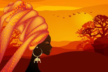 Geleneksel türban motifli güzel Afrikalı kadın portresi, Kente baş örtüsü, Afrika safari arka planında izole edilmiş Afrikalı siyahi kadın vektör silueti.