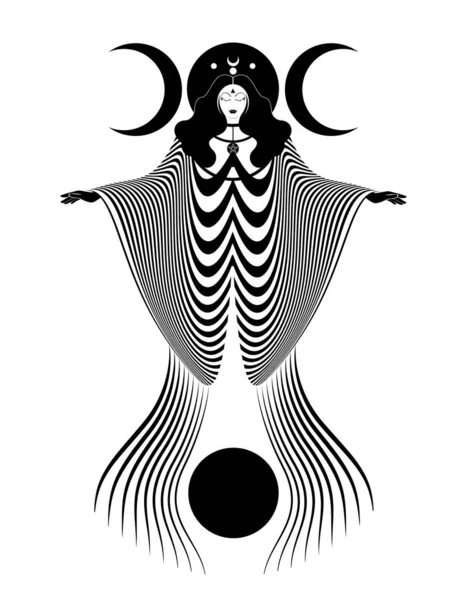 Magisk Trippelgudinna Prästinna Vacker Kvinna Med Lång Klänning Gotisk Trollkarl — Stock vektor