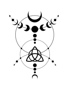 Mystical Moon Wicca çerçeve sınırını aşıyor. Triquetra Kutsal Geometri. Logo, Wiccan üçlü tanrıça sembolü, enerji çemberi, siyah dövme boho tarzı vektör beyaz arkaplanda izole edilmiş.