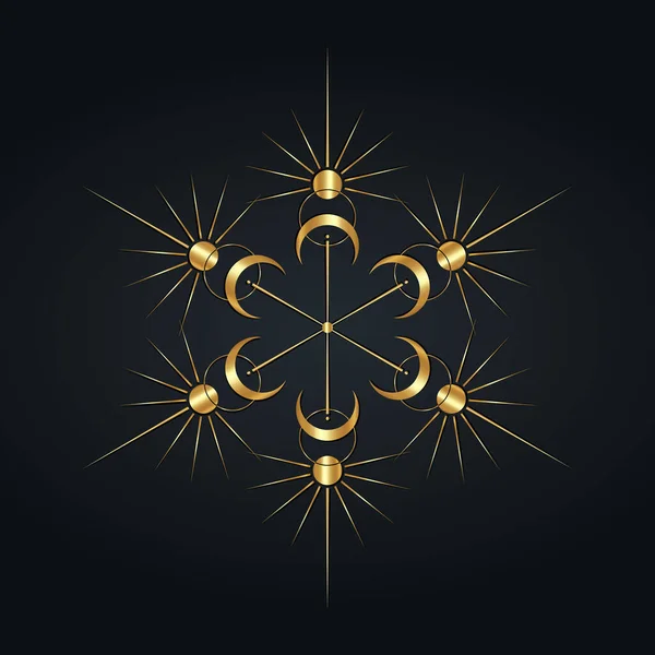 Sole Luna Mandala Lusso Clipart Logo Wicca Dorato Geometria Sacra — Vettoriale Stock