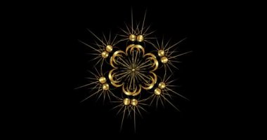 Mandala çiçeğinin 3D animasyonu, altın ay ve güneş, mistik cadı kutsal geometrisi. Siyah arkaplanda izole edilmiş altın sihirli pagan sembollerinin döngülü videosu 