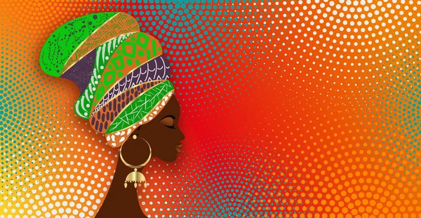 Banner Hermosa Mujer Africana Motivos Tribales Turbante Tradicional Kente Cabeza — Archivo Imágenes Vectoriales