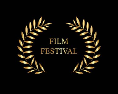 Yaprak çelenkli altın metin film festivali, altın lüks defne ödülü tabelası, siyah arkaplanda izole vektör logosu tasarımı