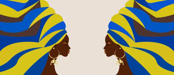 伝統的なターバン アフリカの頭のラップでアフリカの女性の美しいバナー 伝統的な黒の女性ベクトルシルエットファッションヘアスタイルと美しさのコンセプトの背景 — ストックベクタ