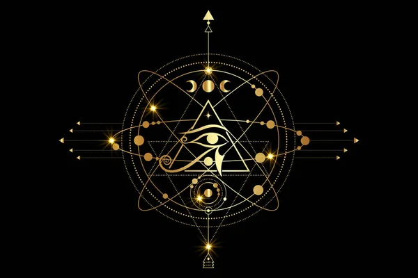 ホルスロゴデザイン エジプトのピラミッド 第三の目 宇宙のシンボル 惑星の軌道 月系の黄金の古代のシンボル 黒の背景にベクトルを隔離 プリント ポスター Tシャツ — ストックベクタ