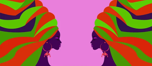 伝統的なターバン アフリカの頭のラップでアフリカの女性の美しいカラフルなバナー 伝統的な黒の女性ベクトルシルエットファッションヘアスタイルと美しさのコンセプトファッションの背景 — ストックベクタ